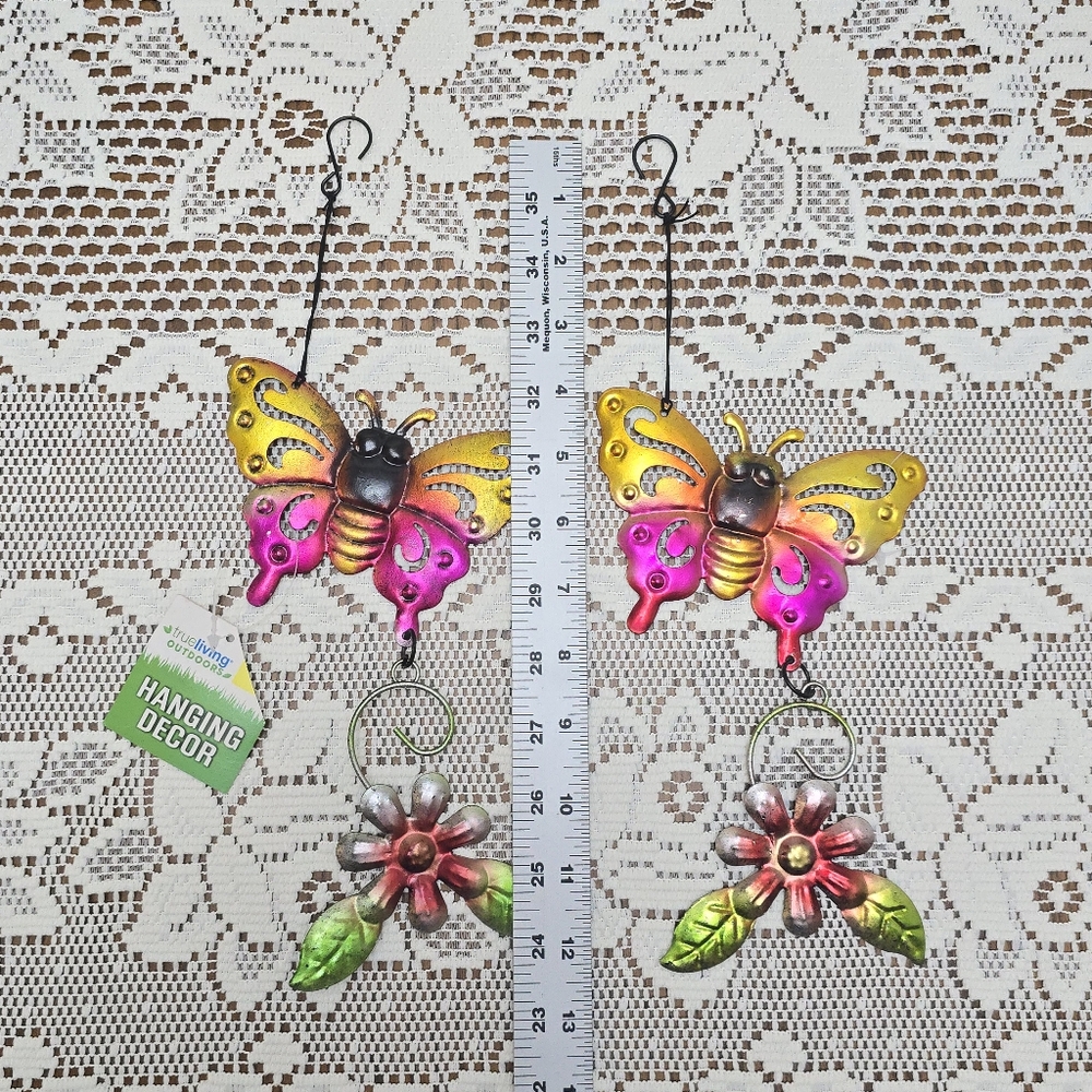 2pc Set New Butterfly Rustic Metal Hanging Garden Patio Decor Yellow Pink Red - Picture 5 of 8